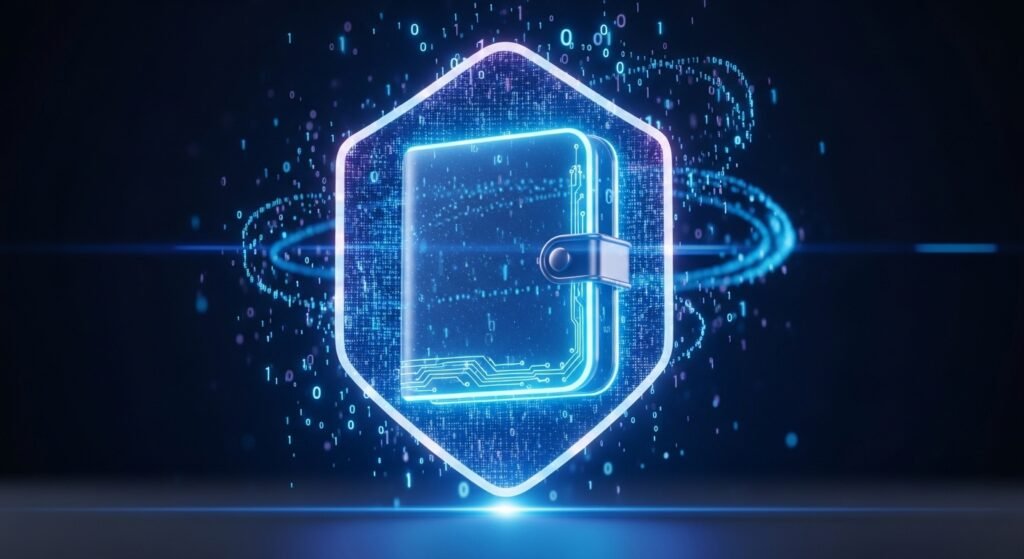 보안 방패와 데이터 입자가 어우러진 디지털 자산 관리 및 보안 이미지